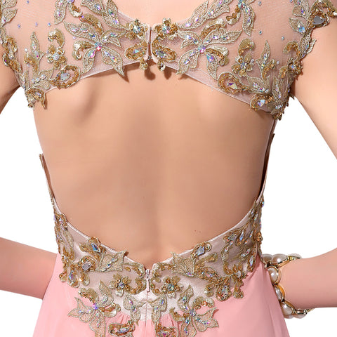 Glamorous Sheer - Neckline Pink Gown with Embroidered Bodice and Flowing Chiffon Prom Dress,TZ014