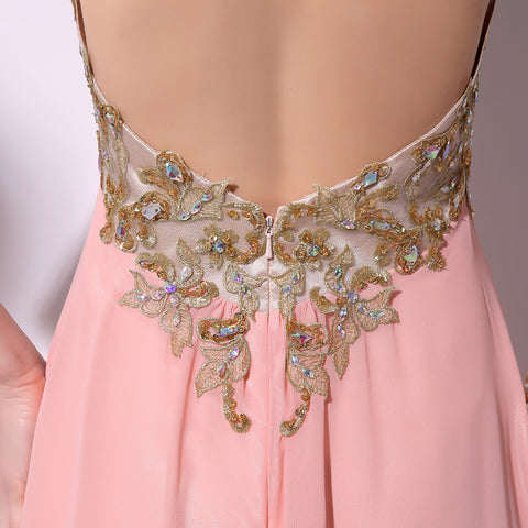 Glamorous Sheer - Neckline Pink Gown with Embroidered Bodice and Flowing Chiffon Prom Dress,TZ014