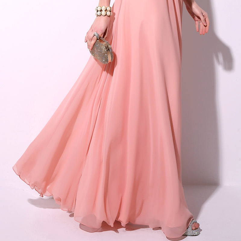 Glamorous Sheer - Neckline Pink Gown with Embroidered Bodice and Flowing Chiffon Prom Dress,TZ014