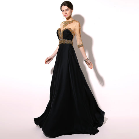 Exquisite Black Gown with Gold - Embellished Sheer Bodice and Three - quarter Sleeves Prom Dress,TZ016