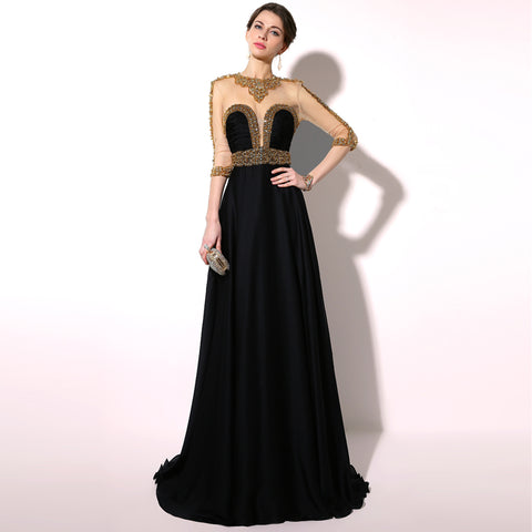 Exquisite Black Gown with Gold - Embellished Sheer Bodice and Three - quarter Sleeves Prom Dress,TZ016