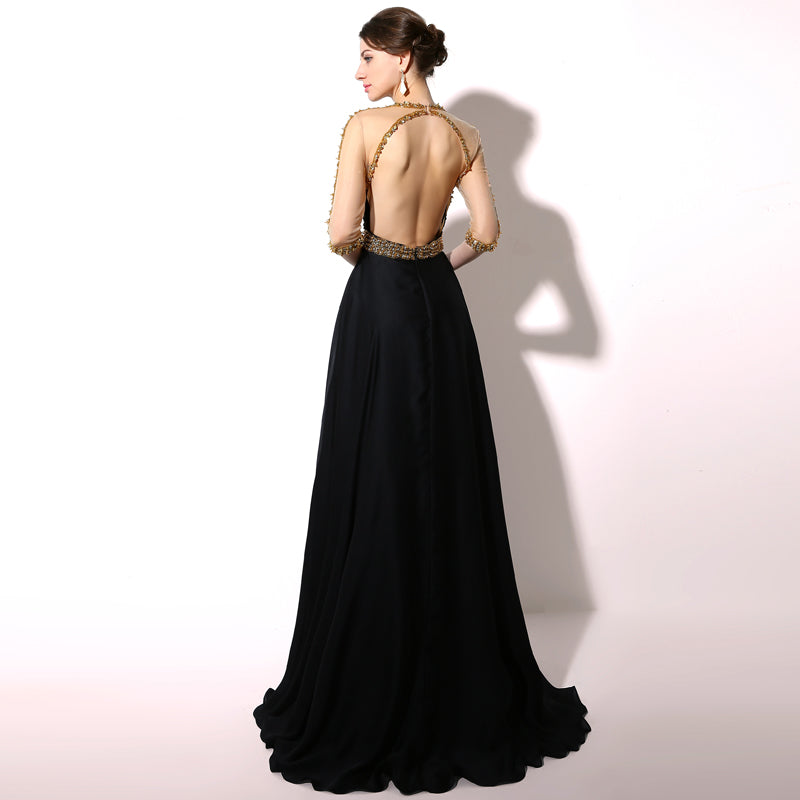 Exquisite Black Gown with Gold - Embellished Sheer Bodice and Three - quarter Sleeves Prom Dress,TZ016