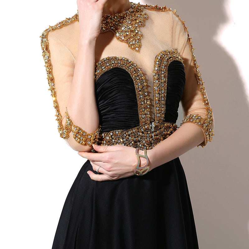 Exquisite Black Gown with Gold - Embellished Sheer Bodice and Three - quarter Sleeves Prom Dress,TZ016