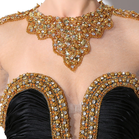 Exquisite Black Gown with Gold - Embellished Sheer Bodice and Three - quarter Sleeves Prom Dress,TZ016
