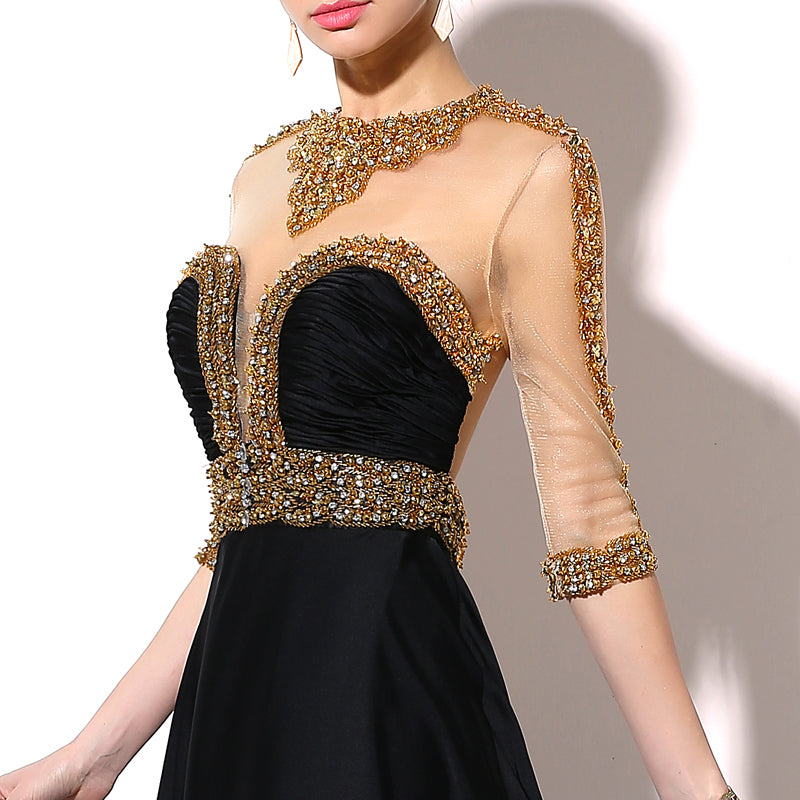 Exquisite Black Gown with Gold - Embellished Sheer Bodice and Three - quarter Sleeves Prom Dress,TZ016