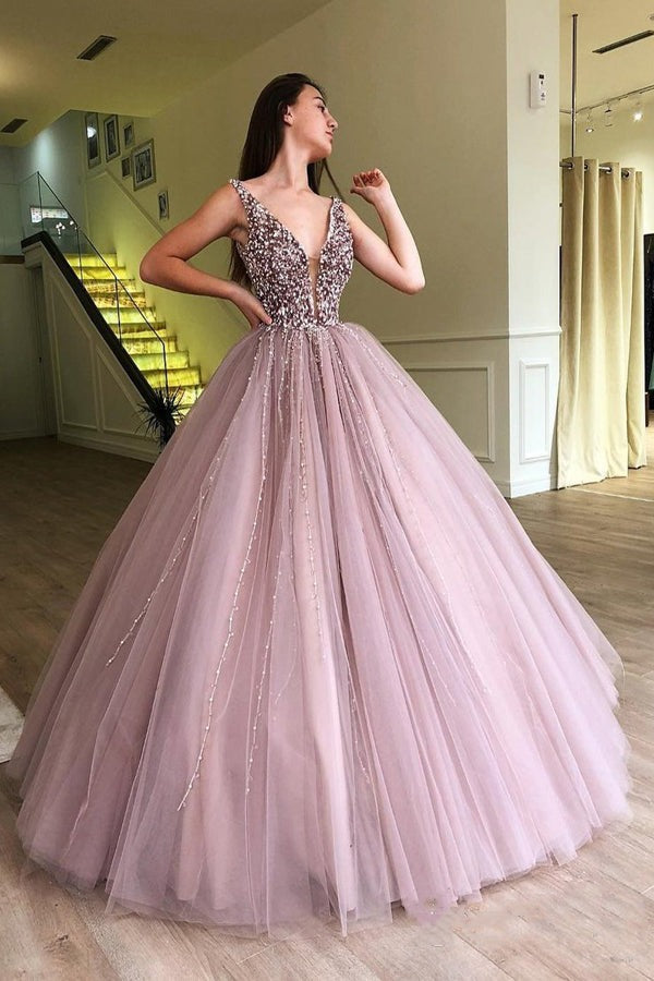Unique Ball Gown Tulle Long Prom Dress With Beading  Evening Dress