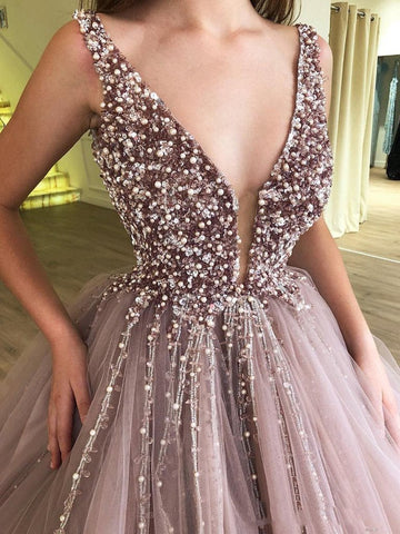 Unique Ball Gown Tulle Long Prom Dress With Beading  Evening Dress