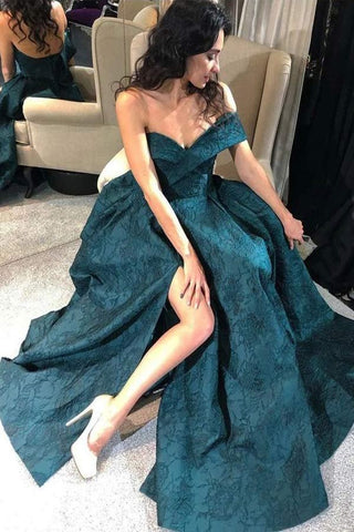 Unique Off The Shoulder Fabric Split Prom Dress