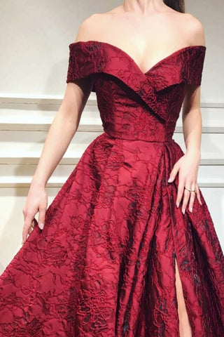 Unique Off The Shoulder Fabric Split Prom Dress