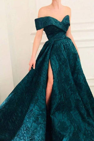 Unique Off The Shoulder Fabric Split Prom Dress