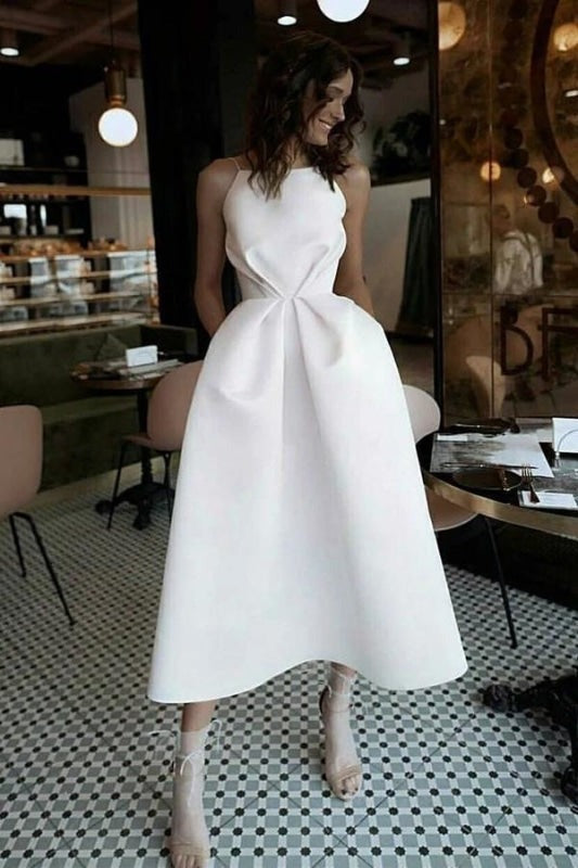 Unique Backless Tea Length Satin Party Spaghetti Straps Prom Dress