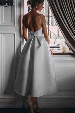 Unique Backless Tea Length Satin Party Spaghetti Straps Prom Dress