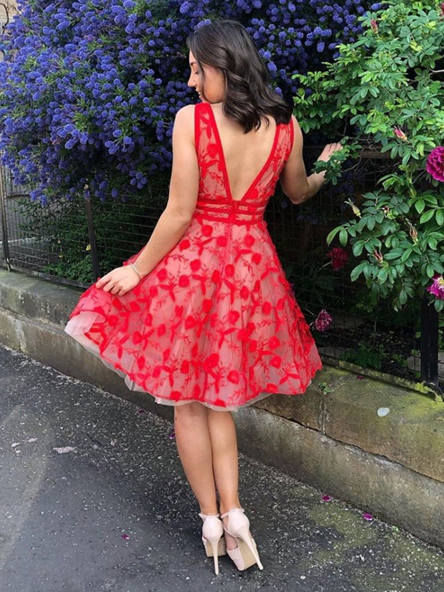 Unique V Neck and V Back  Lace Flowers Short Prom Homecoming,  Formal, Evening,  Graduation