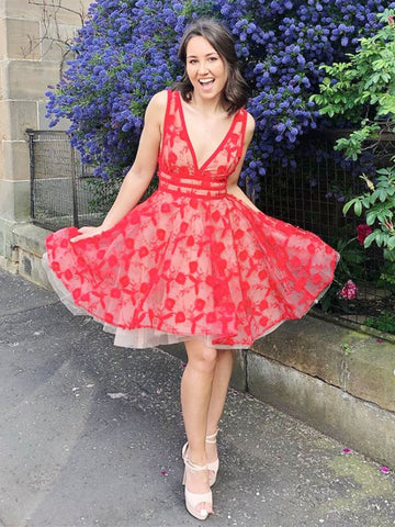 Unique V Neck and V Back  Lace Flowers Short Prom Homecoming,  Formal, Evening,  Graduation