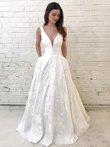 Unique  Lace V Neck Appliques White Long Prom Wedding, Formal Evening Dresses