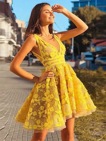 V Neck Lace Appliques Short Prom Homecoming,  Lace Formal, Graduation, Evening
