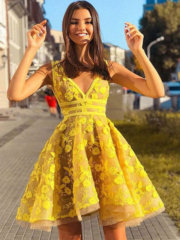 V Neck Lace Appliques Short Prom Homecoming,  Lace Formal, Graduation, Evening