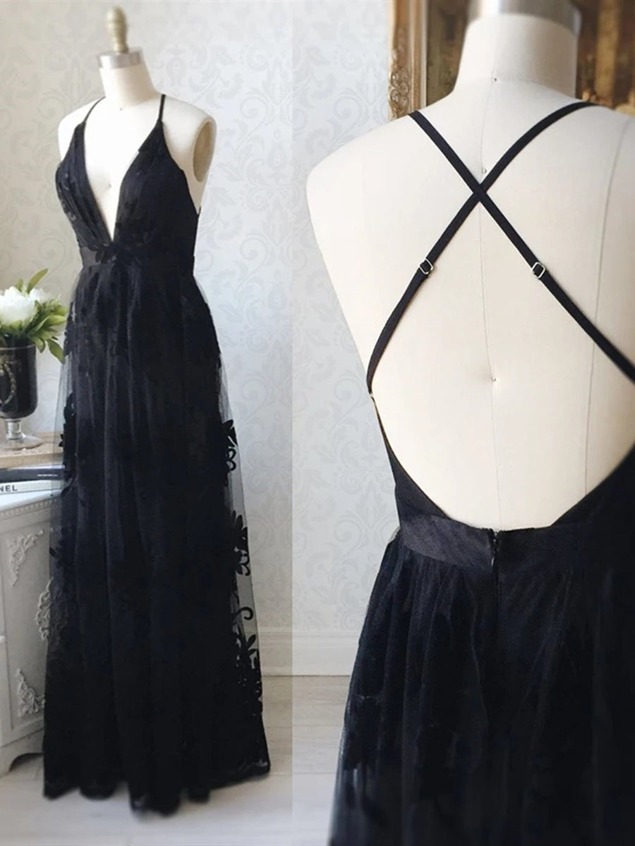 Backless V Neck  Lace Long Prom, Formal,Evening Dresses