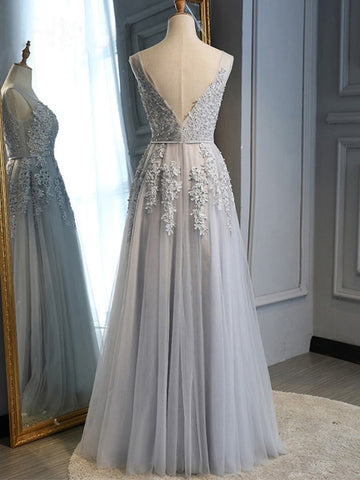 Backless V Neck  Lace Long Prom, Formal Graduation Evening,  Bridesmaid Dresses