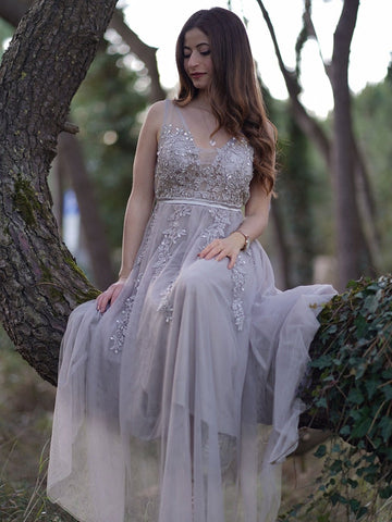 Backless V Neck  Lace Long Prom, Formal Graduation Evening,  Bridesmaid Dresses