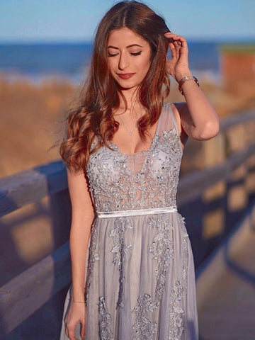 Backless V Neck  Lace Long Prom, Formal Graduation Evening,  Bridesmaid Dresses