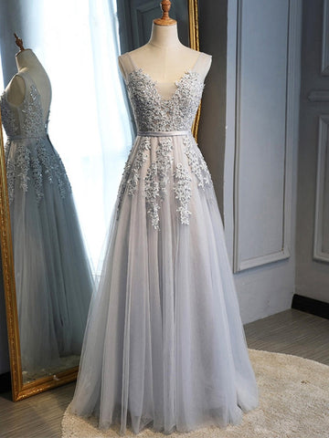 Backless V Neck  Lace Long Prom, Formal Graduation Evening,  Bridesmaid Dresses
