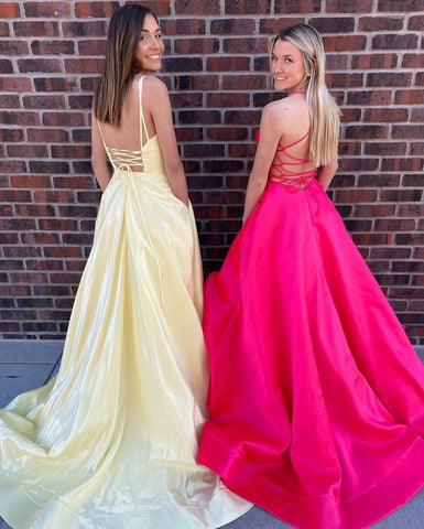 Backless V Neck High Slit Long Prom with Pockets, Formal Graduation Evening Dressses