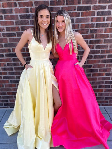 Backless V Neck High Slit Long Prom with Pockets, Formal Graduation Evening Dressses