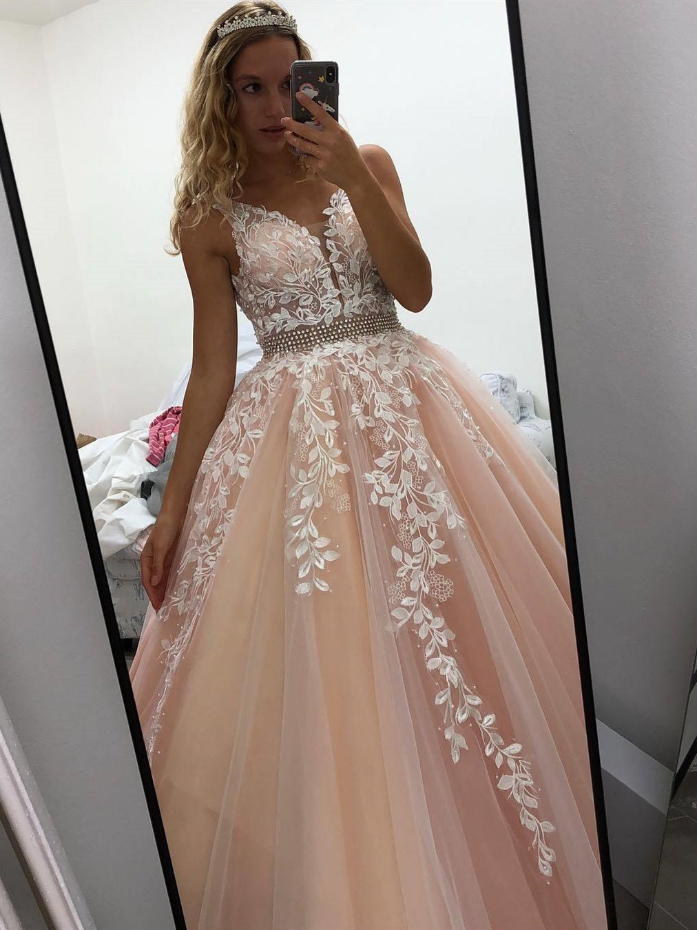 Backless V Neck Long Lace Prom, Formal, Evening Dresses