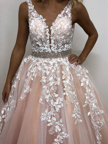 Backless V Neck Long Lace Prom, Formal, Evening Dresses
