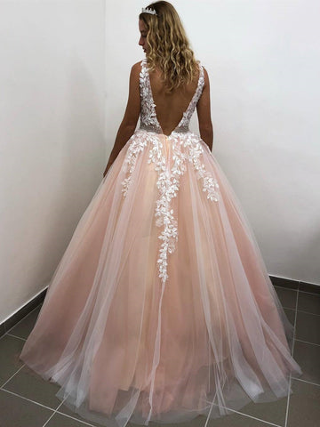 Backless V Neck Long Lace Prom, Formal, Evening Dresses