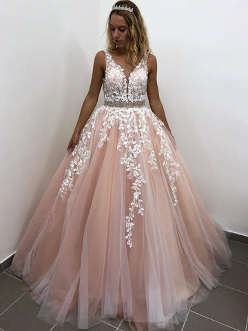 Backless V Neck Long Lace Prom, Formal, Evening Dresses