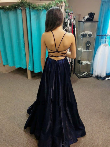 V Neck Backless Satin Long Formal Graduation Evening Dress