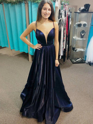 V Neck Backless Satin Long Formal Graduation Evening Dress