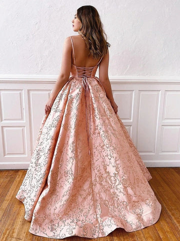 Backless V Neck  Lace Prom Dresses with Corset Back, Formal Dresses, Evening Dresses, Ball