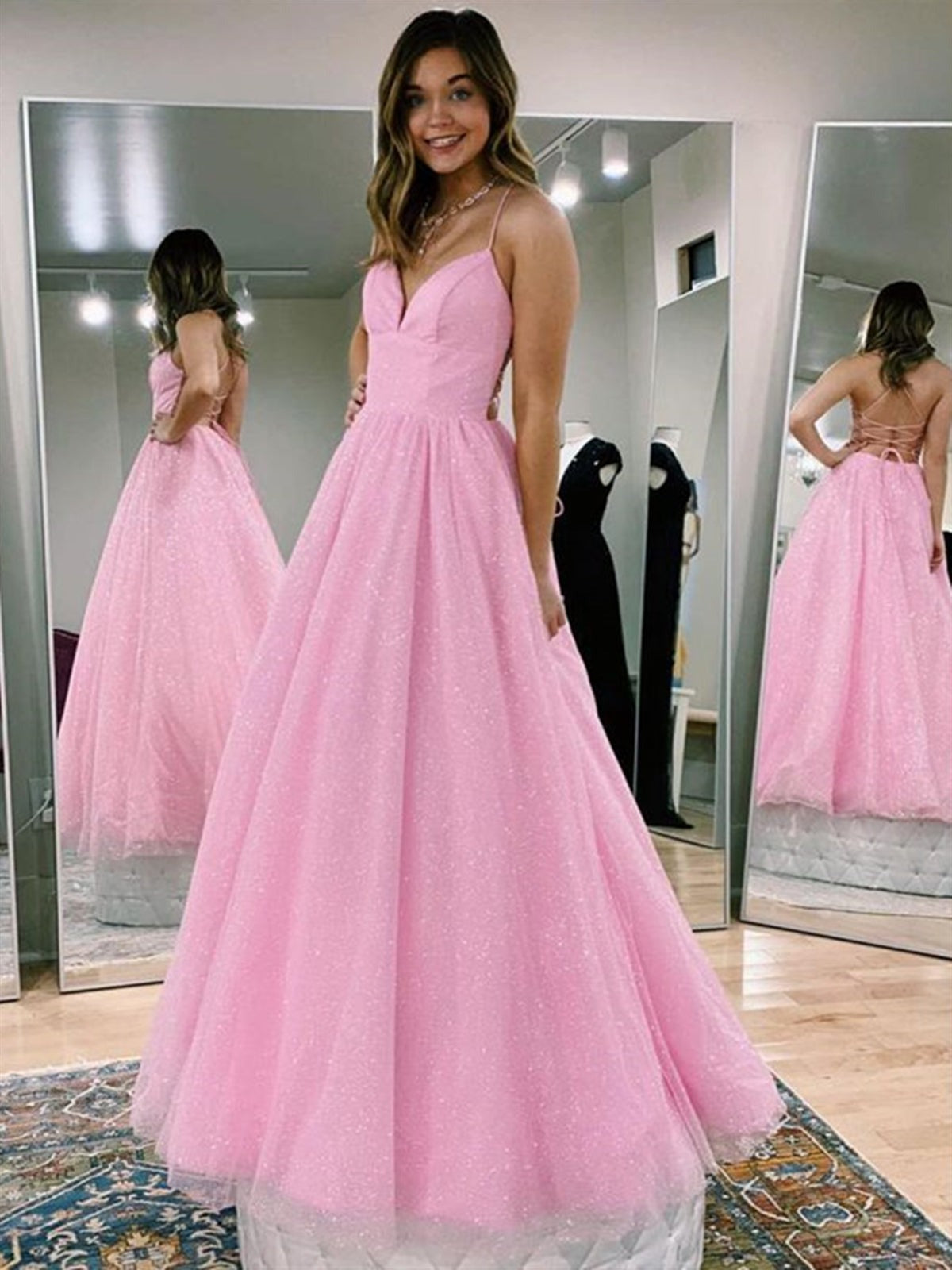 Backless V Neck  Sequins Long Prom, Formal Evening Dresses