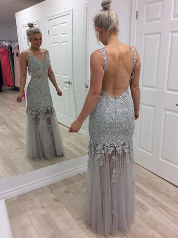 Floor Length V Neck Backless Mermaid  Lace Appliques Long Prom,Formal Evening Dresses