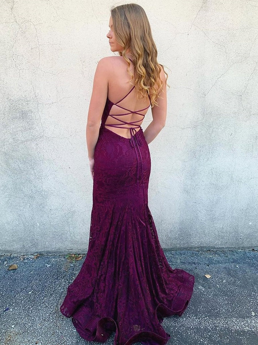 Long V Neck  Backless Mermaid Lace  Prom, Formal, Evening Dress