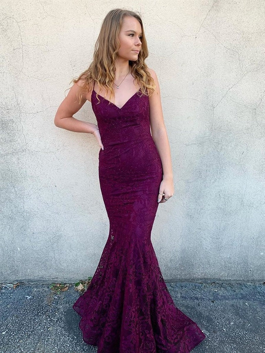 Long V Neck  Backless Mermaid Lace  Prom, Formal, Evening Dress