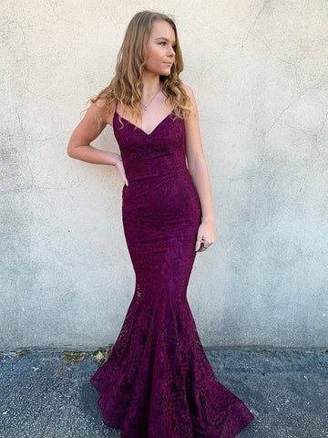 Long V Neck  Backless Mermaid Lace  Prom, Formal, Evening Dress