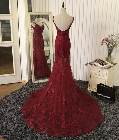 V Neck Mermaid Backless Lace Tulle Long Prom Dress with Train