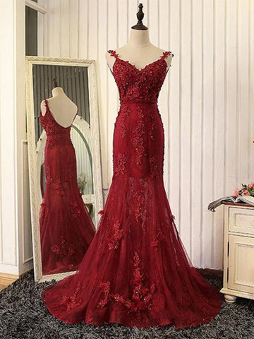 V Neck Mermaid Backless Lace Tulle Long Prom Dress with Train
