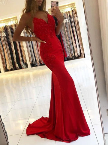 Mermaid V Neck  Backless Lace Beaded  Long Prom, Lace Formal,Evening