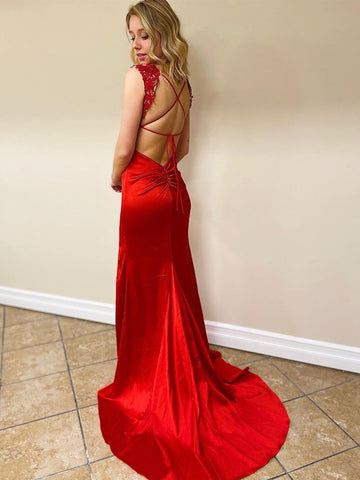Mermaid V Neck Backless Lace Long Prom with Slit, Formal, Evening Dresses