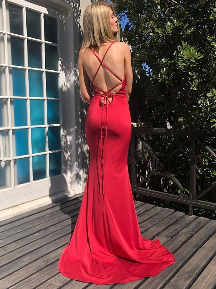 V Neck Mermaid Backless Red Long Prom, Formal Graduation Evening Dress