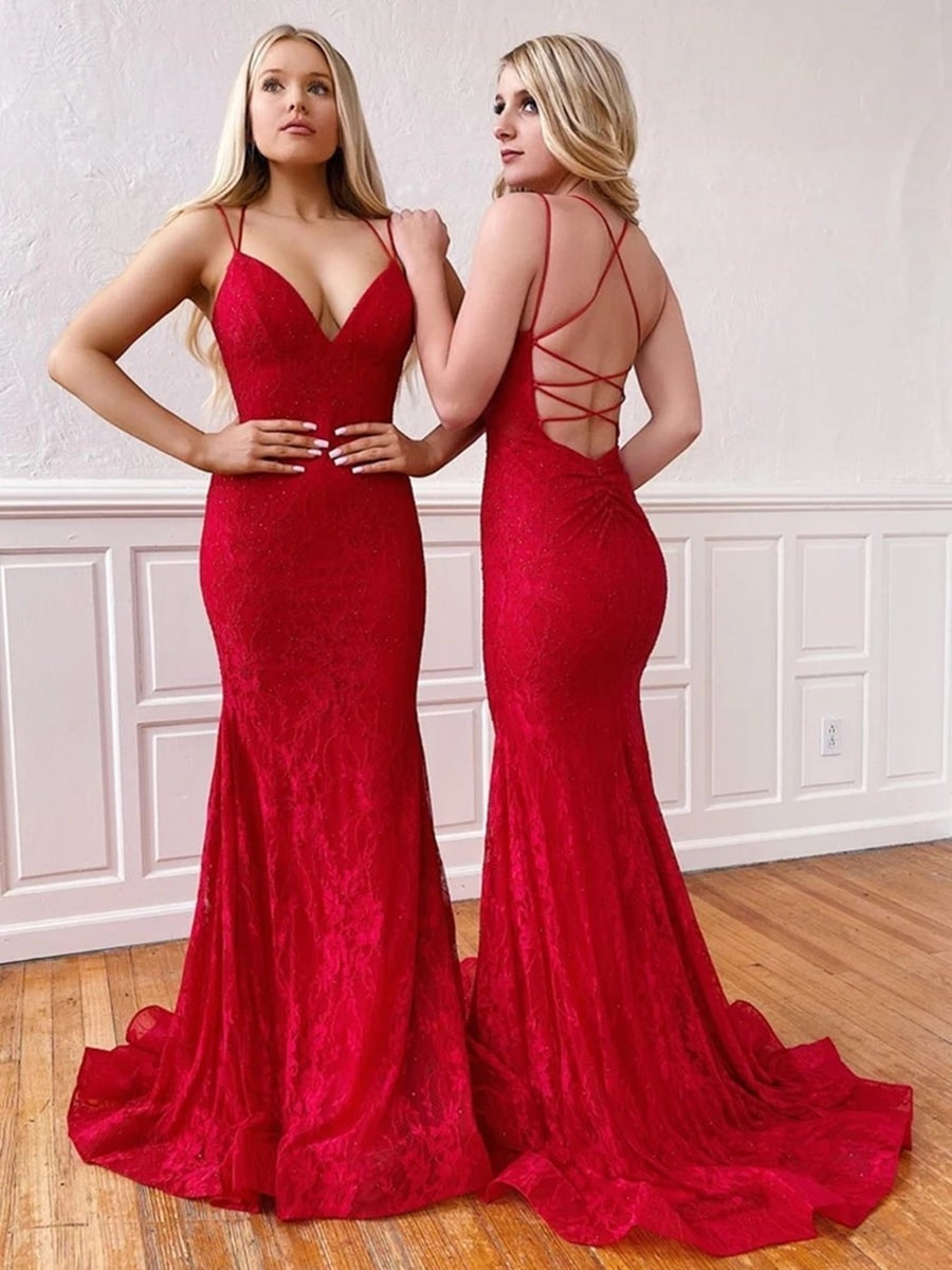 Mermaid V Neck  Lace Long Prom, Formal,Evening Dress