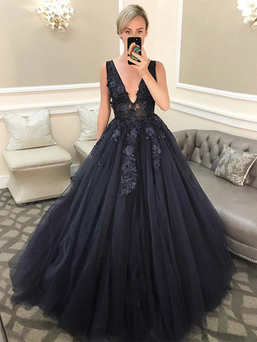 Open Back V Neck Beaded Appliques Black Lace Long Prom Dresses, Formal Evening Dresses,  Ball