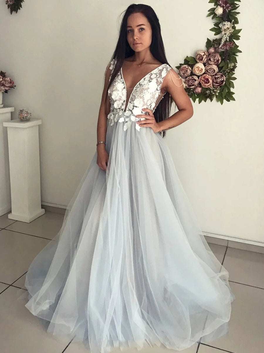 Open Back V Neck Lace Appliques Long Prom,Formal, Evening Dresses