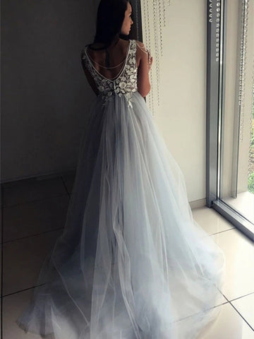 Open Back V Neck Lace Appliques Long Prom,Formal, Evening Dresses