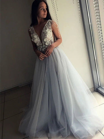 Open Back V Neck Lace Appliques Long Prom,Formal, Evening Dresses